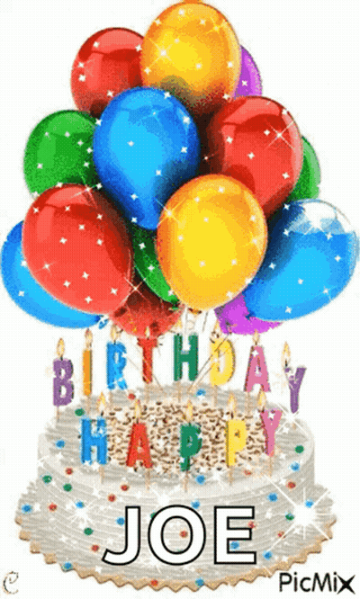 Birthday Cake With Balloons And Candles Saying Happy Birthday Joe GIF