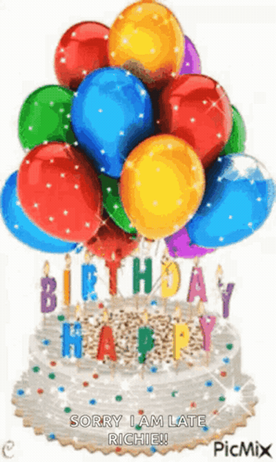 Birthday Cake With Balloons And Candles Saying Sorry I Am Late Richie GIF