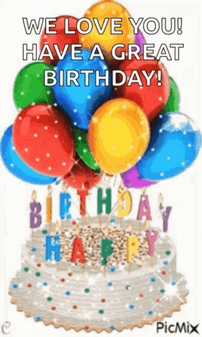 Birthday Cake With Balloons And Candles Saying We Love You Have A Great Birthday GIF