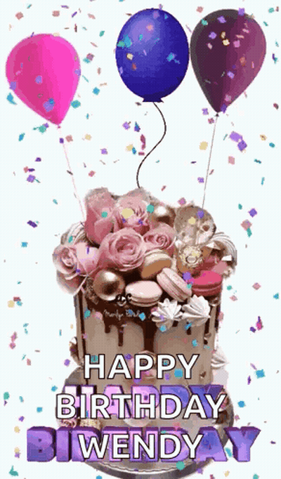 Birthday Cake With Balloons And Confetti GIF