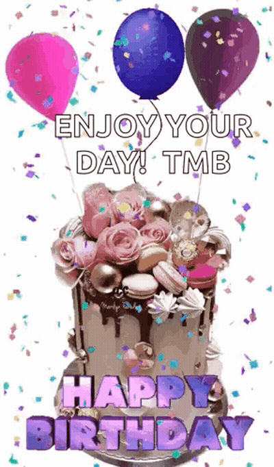 Birthday Cake With Balloons And Confetti Saying Enjoy Your Day TMB Happy Birthday GIF