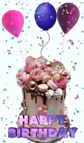 Birthday Cake With Balloons And Confetti Saying Happy Birthday GIF
