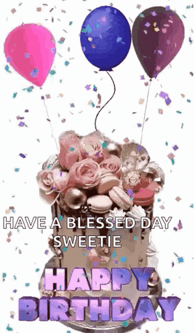 Birthday Cake With Balloons And Confetti GIF