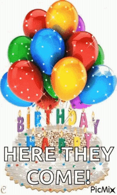 Birthday Cake With Balloons And Here They Come GIF