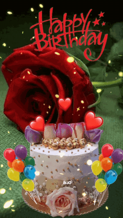 Birthday Cake With Balloons And Red Rose GIF