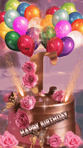 Birthday Cake With Balloons And Roses Happy Birthday GIF