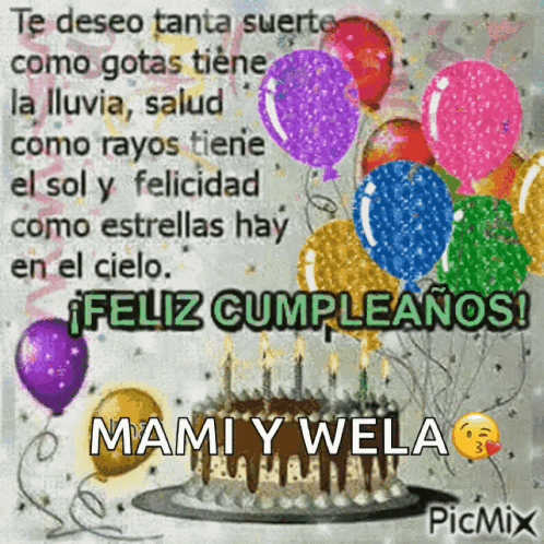 Birthday Cake With Balloons And Tanta Suerte GIF