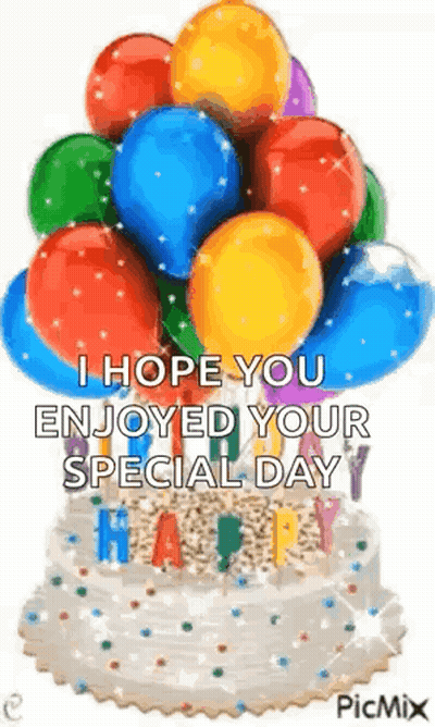 Birthday Cake With Balloons Saying I Hope You Enjoyed Your Special Day GIF