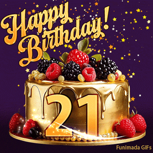 Birthday Cake With Berries And Number 21 GIF