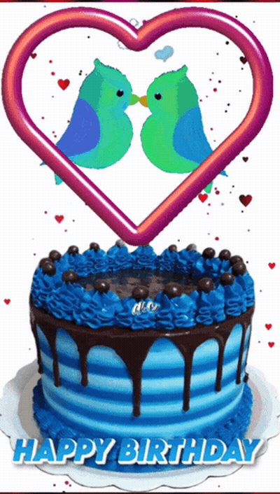 Birthday Cake With Blue Frosting And Two Kissing Birds GIF