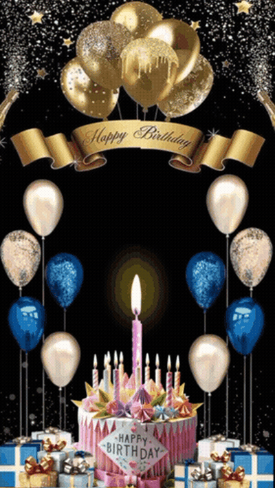 Birthday Cake With Candles And Balloons And Happy Birthday Banner GIF