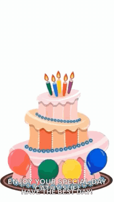 Birthday Cake With Candles And Balloons Enjoy Your Special Day Cathy Shifi Have The Best Day GIF