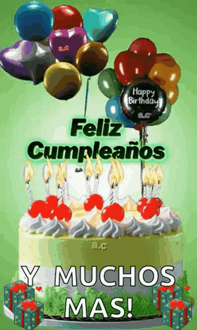 Birthday Cake With Candles And Balloons Says Feliz Cumpleaños GIF