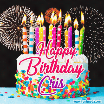 Birthday Cake With Candles And Fireworks Saying Happy Birthday Cris GIF