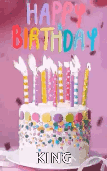 Birthday Cake With Candles And Sprinkles Saying Happy Birthday King GIF