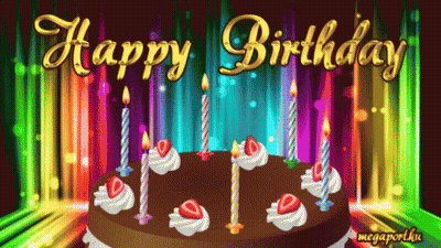 Birthday Cake With Candles And Strawberries Saying Happy Birthday GIF