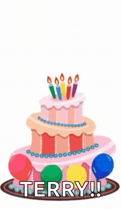 Birthday Cake With Candles Balloons And Name Terry GIF