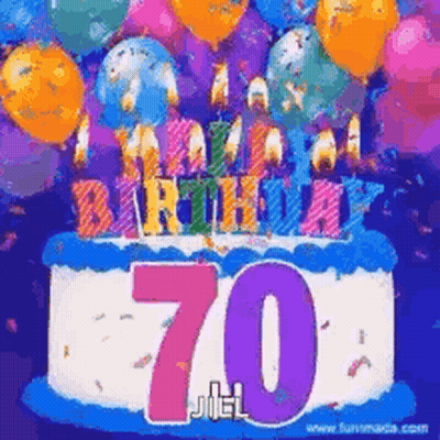 Birthday Cake With Candles Balloons And Number 70 GIF