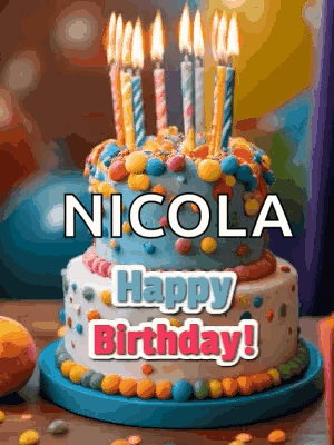 Birthday Cake With Candles Saying Nicola Happy Birthday GIF