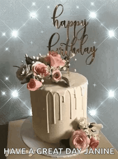 Birthday Cake With Flowers And Have A Great Day Janine GIF