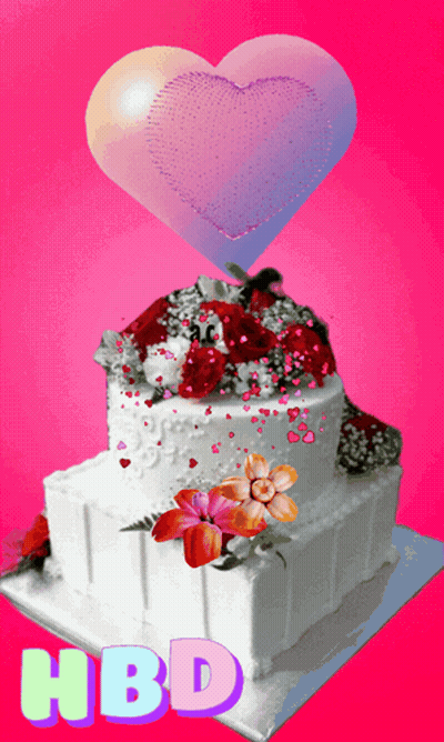 Birthday Cake With Flowers And Heart Saying HBD GIF