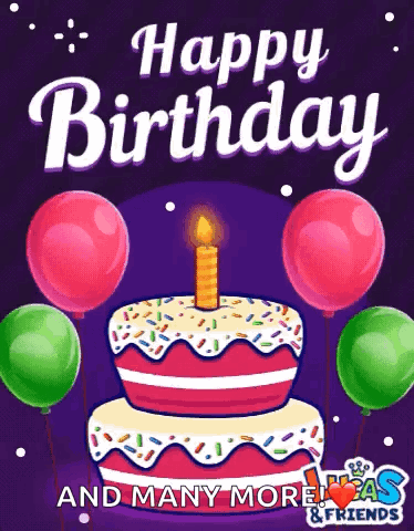 Birthday Cake With Lit Candle And Balloons On Purple Background GIF