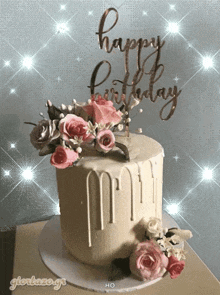 Birthday Cake With Pink Roses Saying Happy Birthday GIF