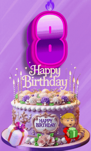 Birthday Cake With Purple Number 8 GIF