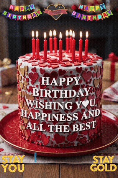 Birthday Cake With Red Candles Saying Happy Birthday Wishing You Happiness GIF