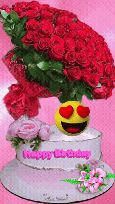 Birthday Cake With Red Roses And Smiley Face GIF