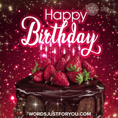 Birthday Cake With Strawberries And Candles Saying Happy Birthday GIF