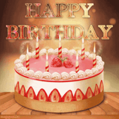 Birthday Cake With Strawberries And Candles Saying Happy Birthday GIF