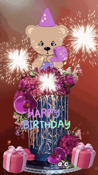 Birthday Cake With Teddy Bear Saying Happy Birthday GIF