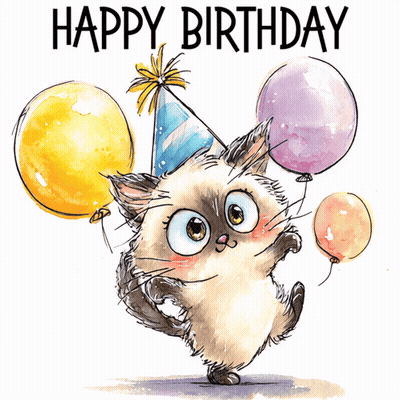 Birthday Card Cat Wearing Party Hat Holding Balloons GIF