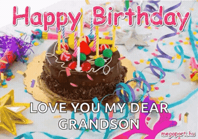 Birthday Card For Grandson With Chocolate Cake And Candles GIF