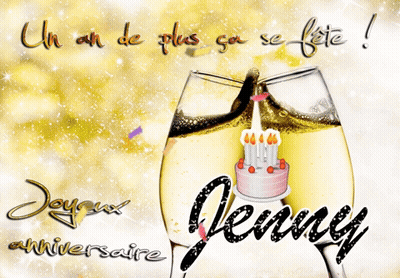 Birthday Card For Jenny With Cake And Champagne Glasses GIF