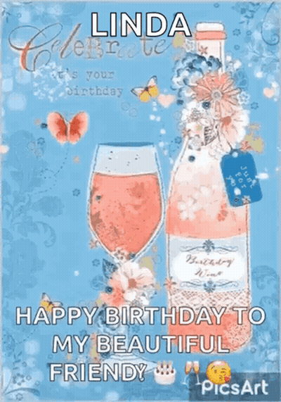 Birthday Card For Linda With Wine Bottle Glasses GIF