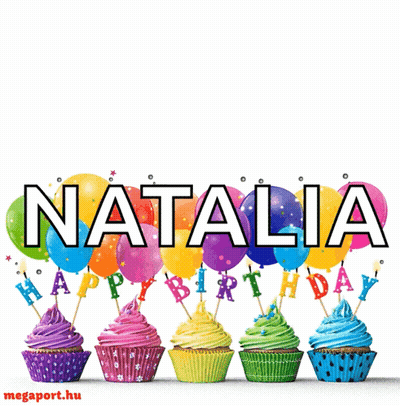 Birthday Card For Natalia With Cupcakes And Colorful Balloons GIF