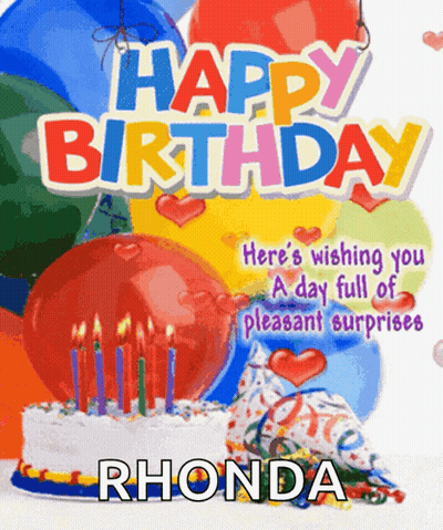 Birthday Card For Rhonda With Balloons And Cake GIF