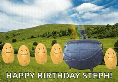 Birthday Card For Steph With Potatoes And Rainbow Cauldron GIF