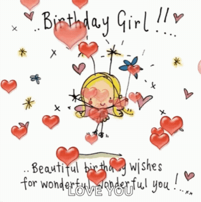 Birthday Card Girl With Fairy Surrounded By Hearts GIF