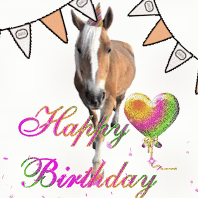 Birthday Card Horse With Party Hat And Heart Balloon GIF