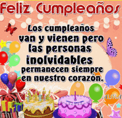 Birthday Card In Spanish With Balloons And Cake GIF