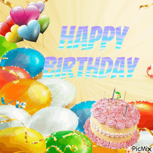 Birthday Card With Balloons And Cake Saying Happy Birthday GIF