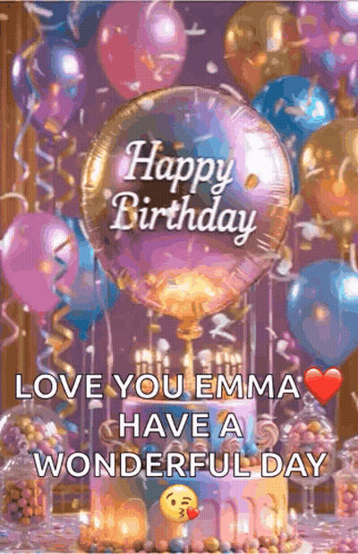 Birthday Card With Balloons And Cake Saying Happy Birthday Love You Emma Have A Wonderful Day GIF