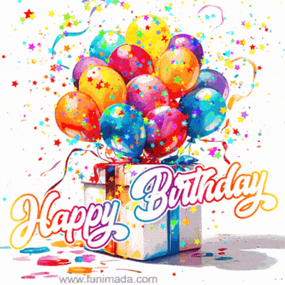 Birthday Card With Balloons And Confetti Saying Happy Birthday GIF