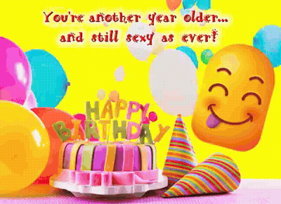 Birthday Card With Balloons Cake And Smiley Face GIF