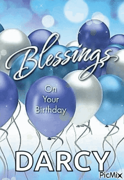 Birthday Card With Blue And Silver Balloons And Darcy GIF