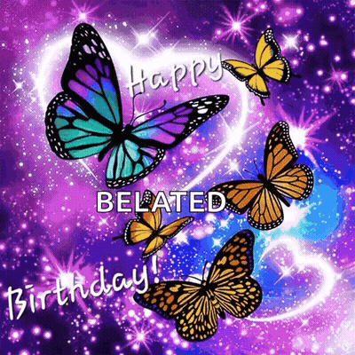Birthday Card With Butterflies Saying Happy Belated Birthday GIF