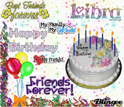 Birthday Card With Cake And Balloons Saying Happy Birthday I Love My Friends GIF